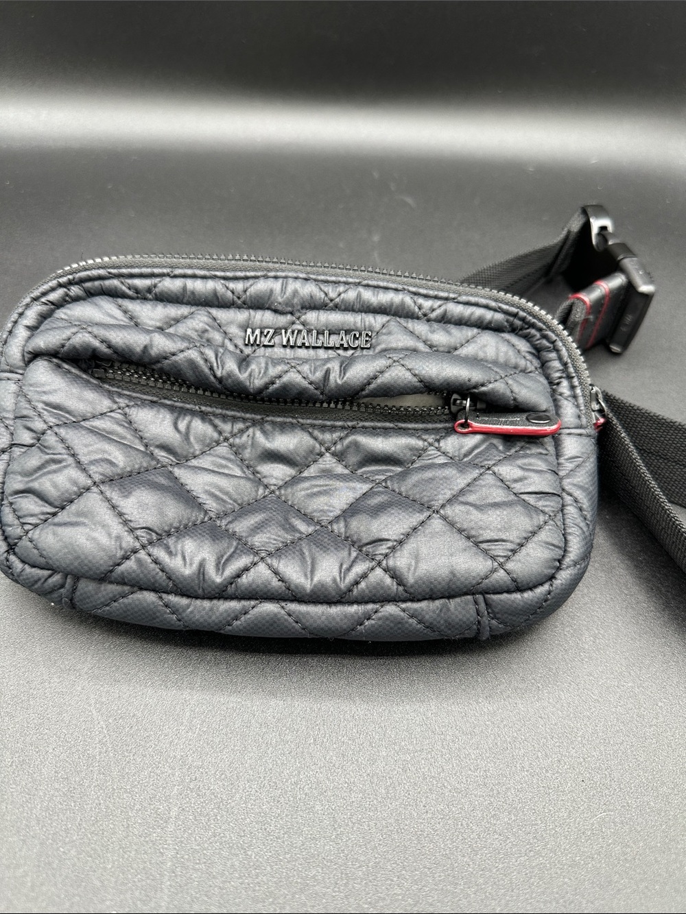 MZ Wallace Quilted Black Nylon Belt Bag with Red Accents